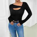 Womens Solid-Color Collar-Embellished Hollow-Out Long-Sleeve T-Shirt