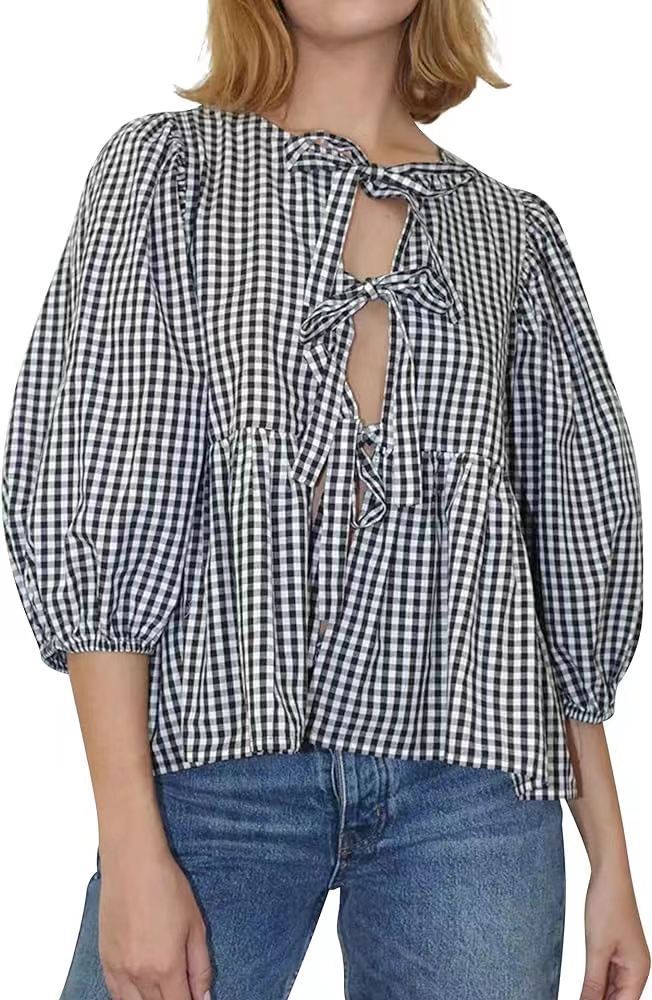 Spring And Summer New Women's Sweet And Casual Round Neck Bubble Sleeve Tied Striped Shirt