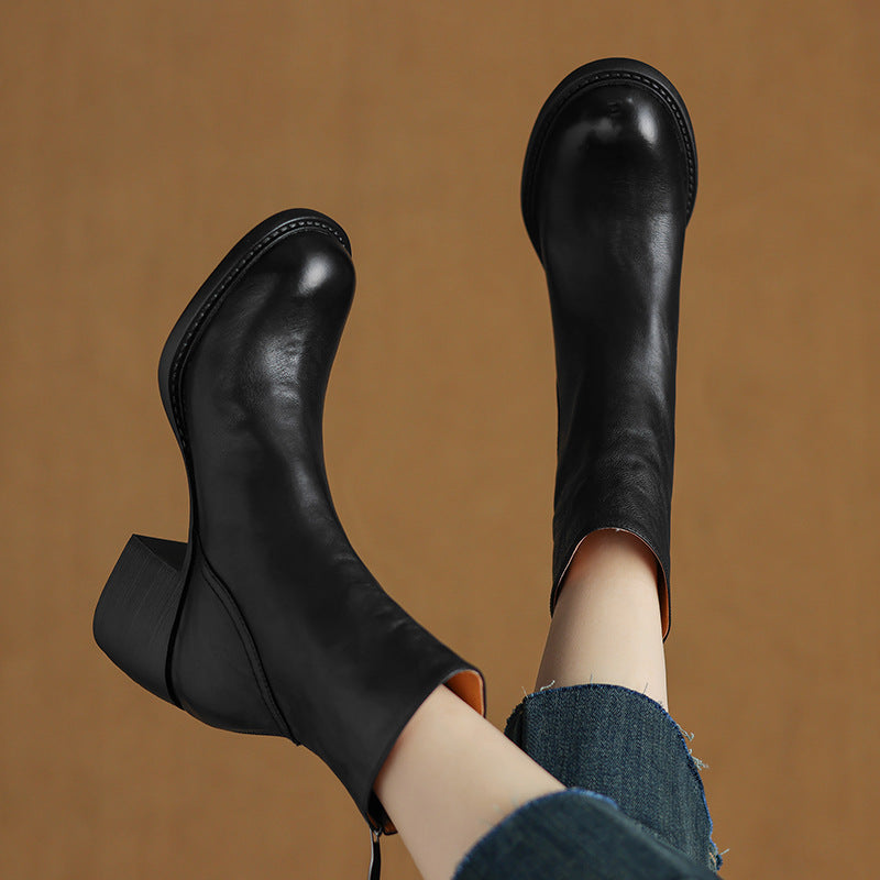 French-Style Retro Brown Round-Toe Ankle Boots