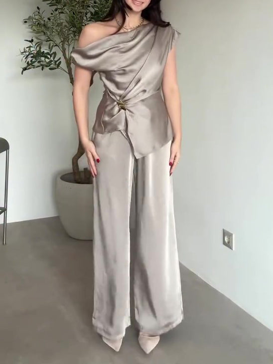 Light Champagne Satin Draped Neck Twist Top & Wide-Leg Pants Set