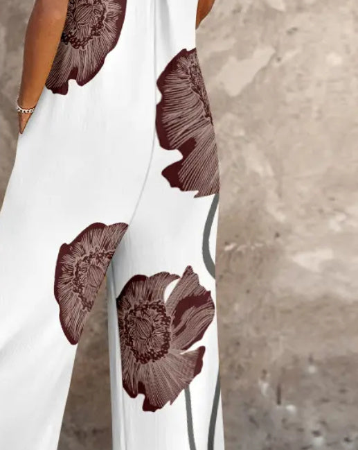 Floral Print Adjustable Strap Pocket Design Wide Leg Suspender Jumpsuit