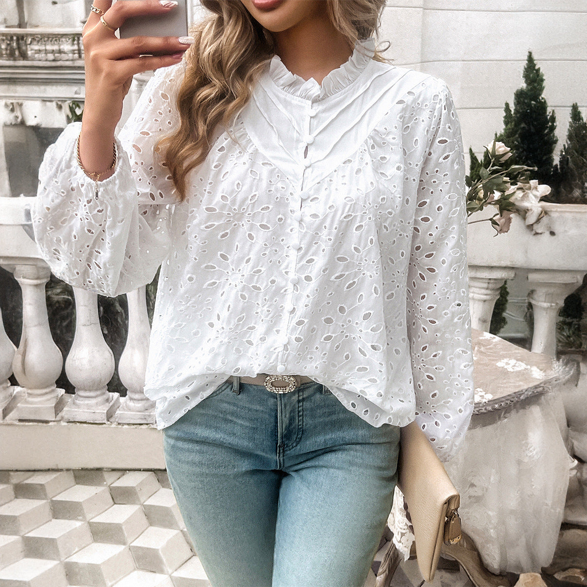 Temperament Leisure Ripped Polo Puff Sleeve Cardigan Button Long Sleeve Top