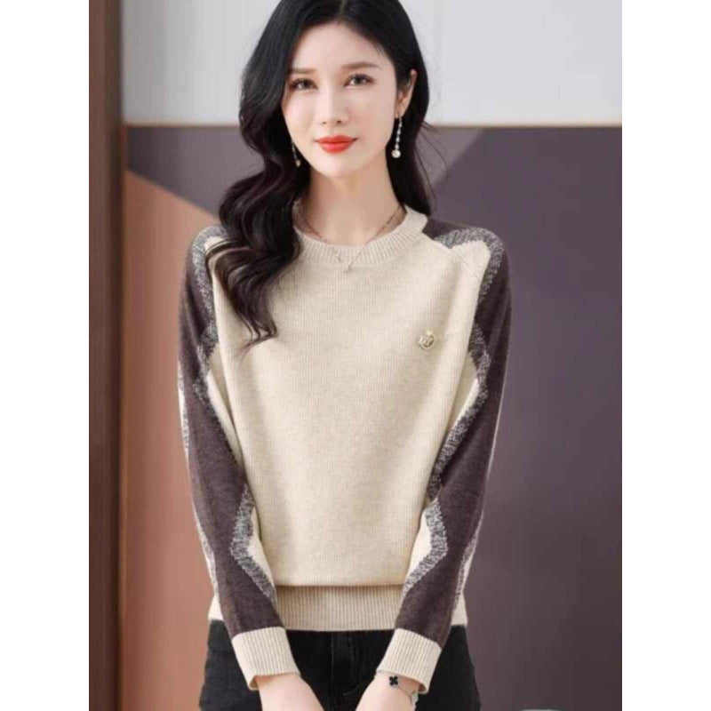 Womens Casual Outfit Round-neck Color-block Sweater Loose-fitting Cropped Knit Top