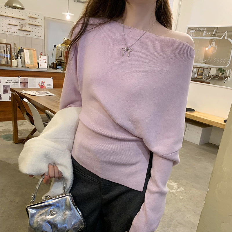 Off-shoulder Western Style Inner Wear Slim Knit Bottoming Shirt For Women