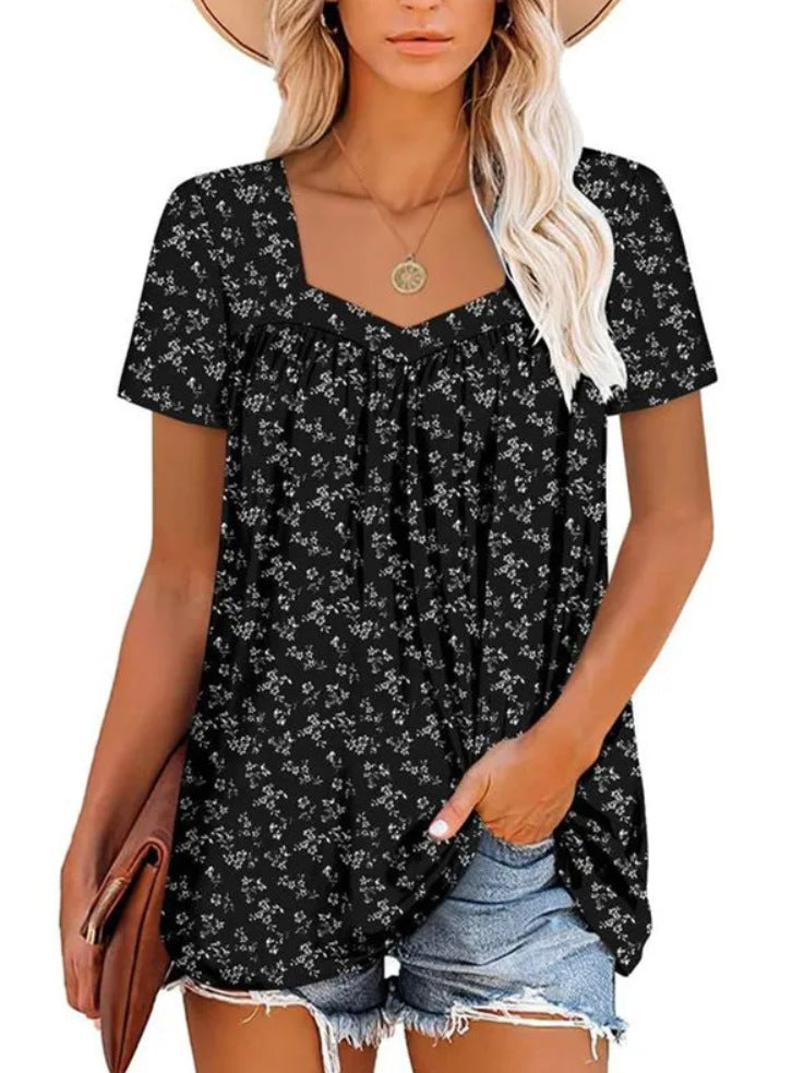 Women's Clothing Square Collar Short Sleeve Printed Loose T-shirt