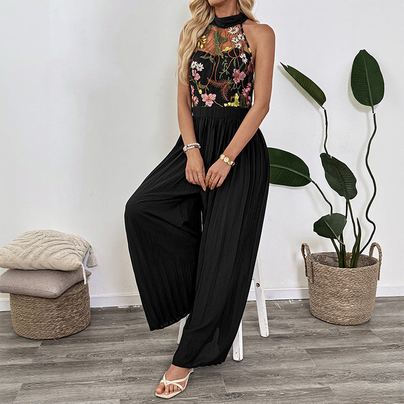 Halter Sleeveless Lace Embroidery Stitching Wide Leg Jumpsuit