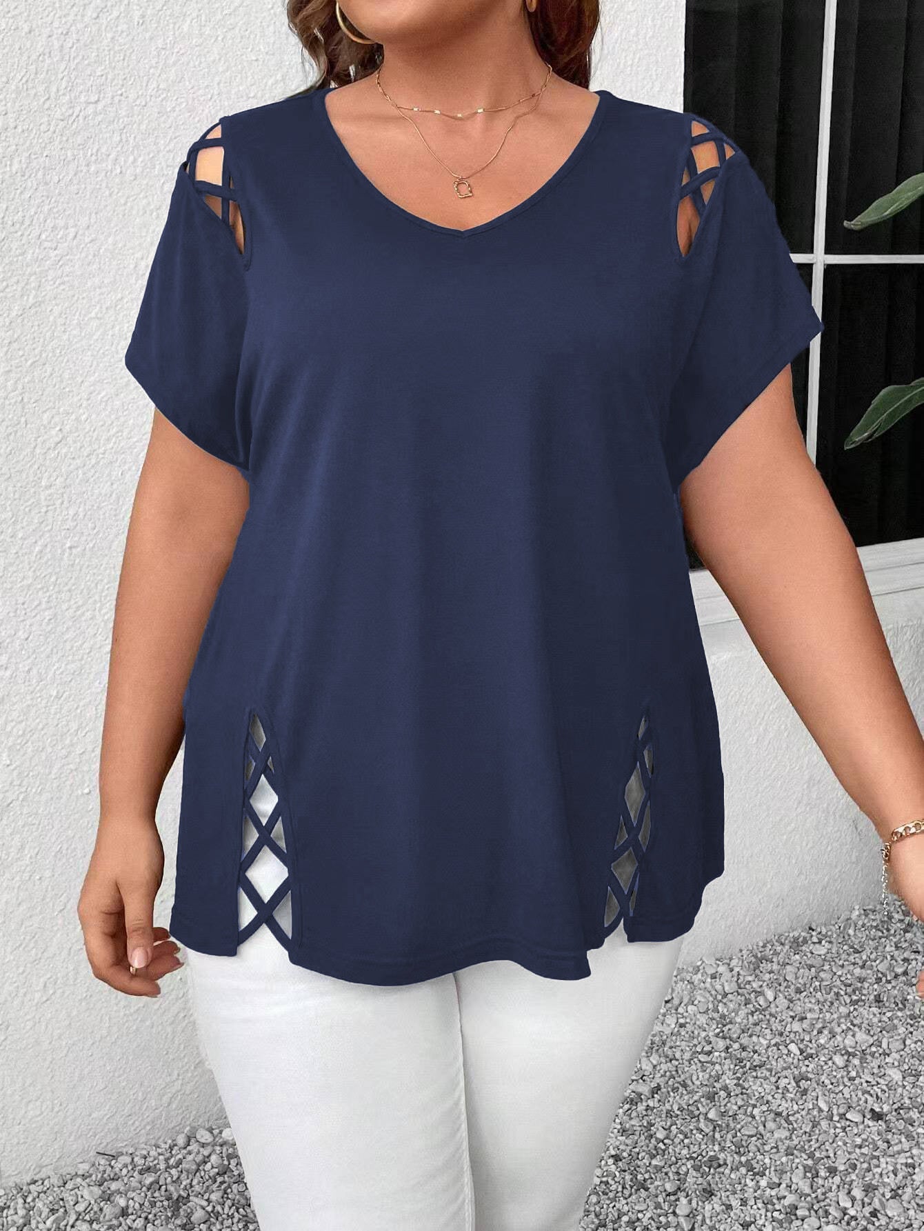 Women's European And American V-neck Cross-strap Short-sleeved T-shirt