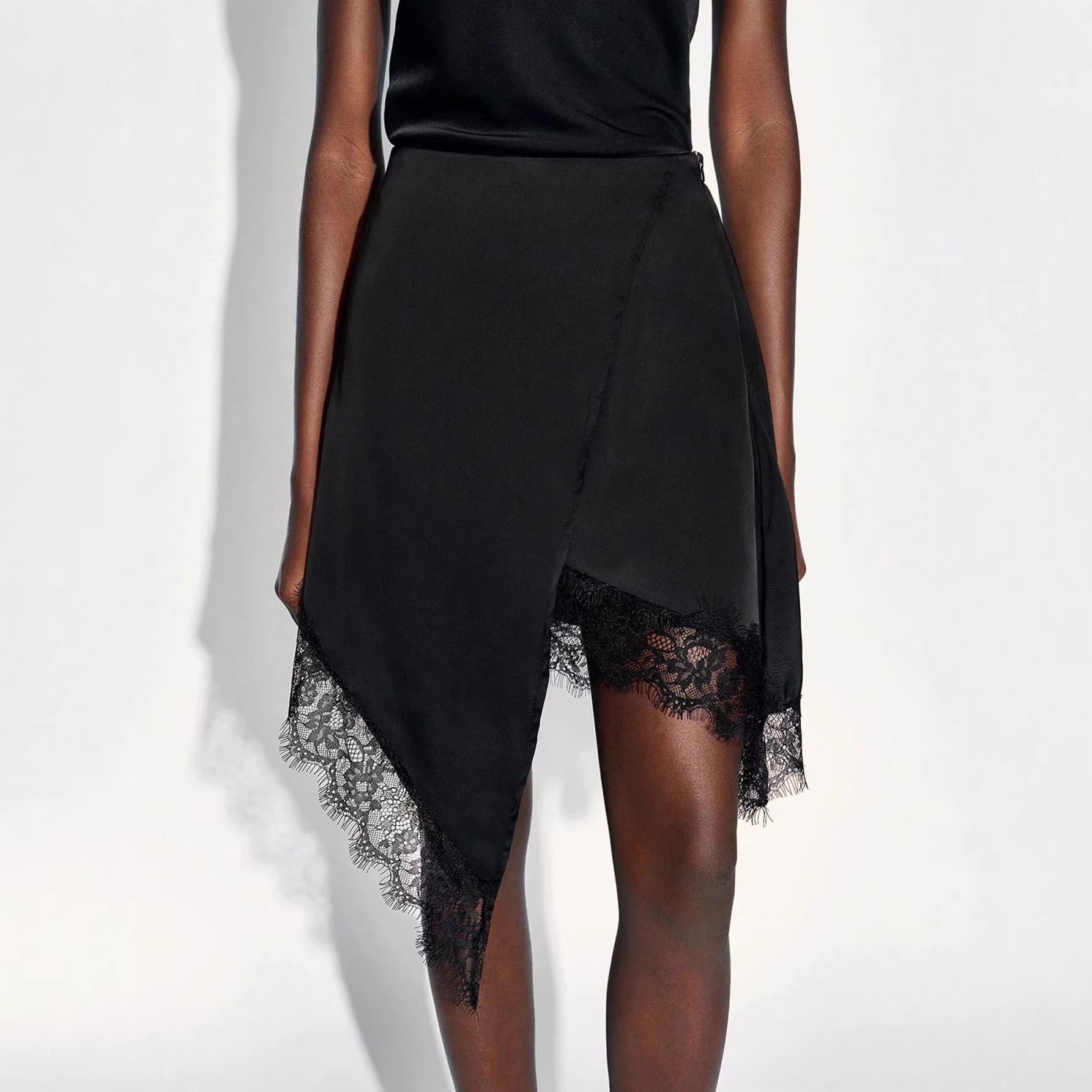 Solid-color Lace-panel A-line Asymmetrical Skirt For Women