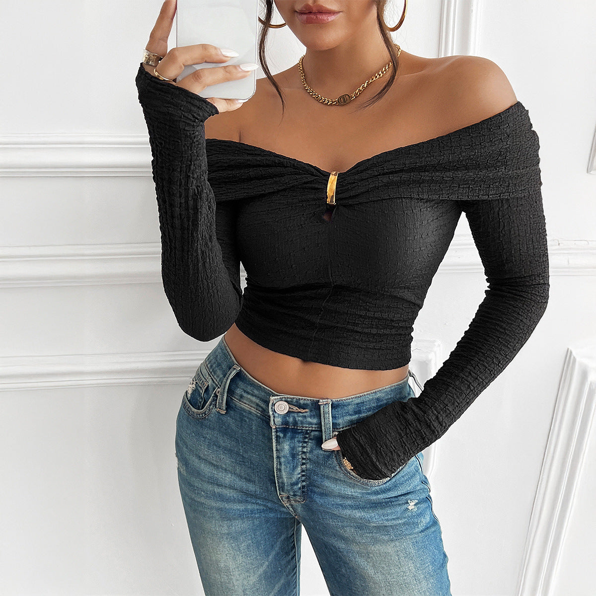 Y2g Sexy Slim Fit Midriff-baring Long-sleeved Sweater