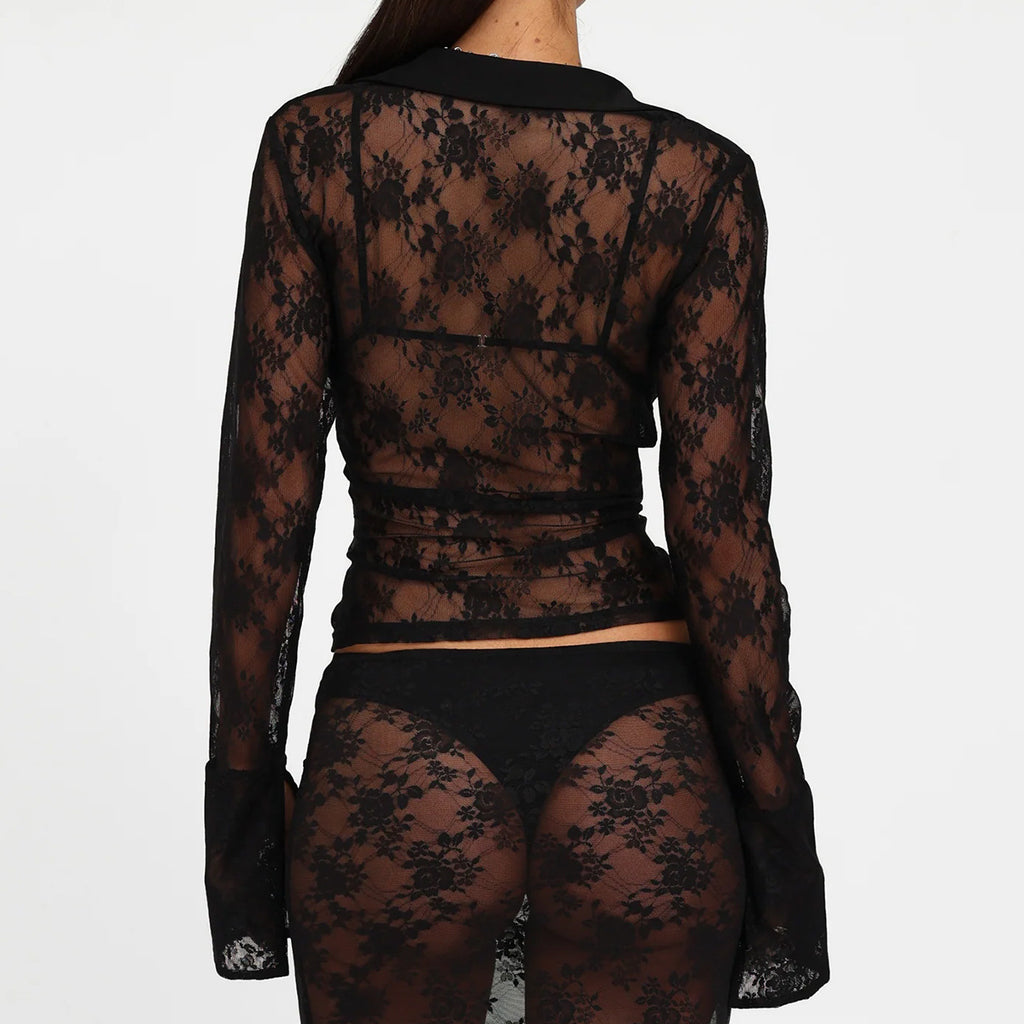 V Hot Girl Style Hollow Lace Cardigan Long Sleeve Top Women's Clothing