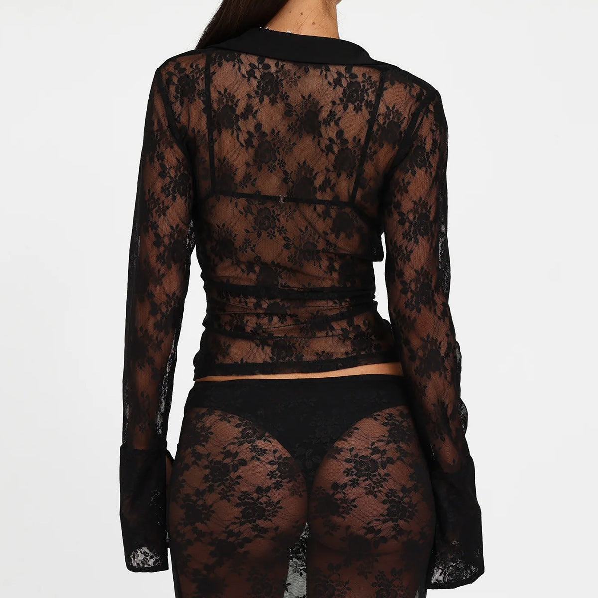 V Hot Girl Style Hollow Lace Cardigan Long Sleeve Top Women's Clothing