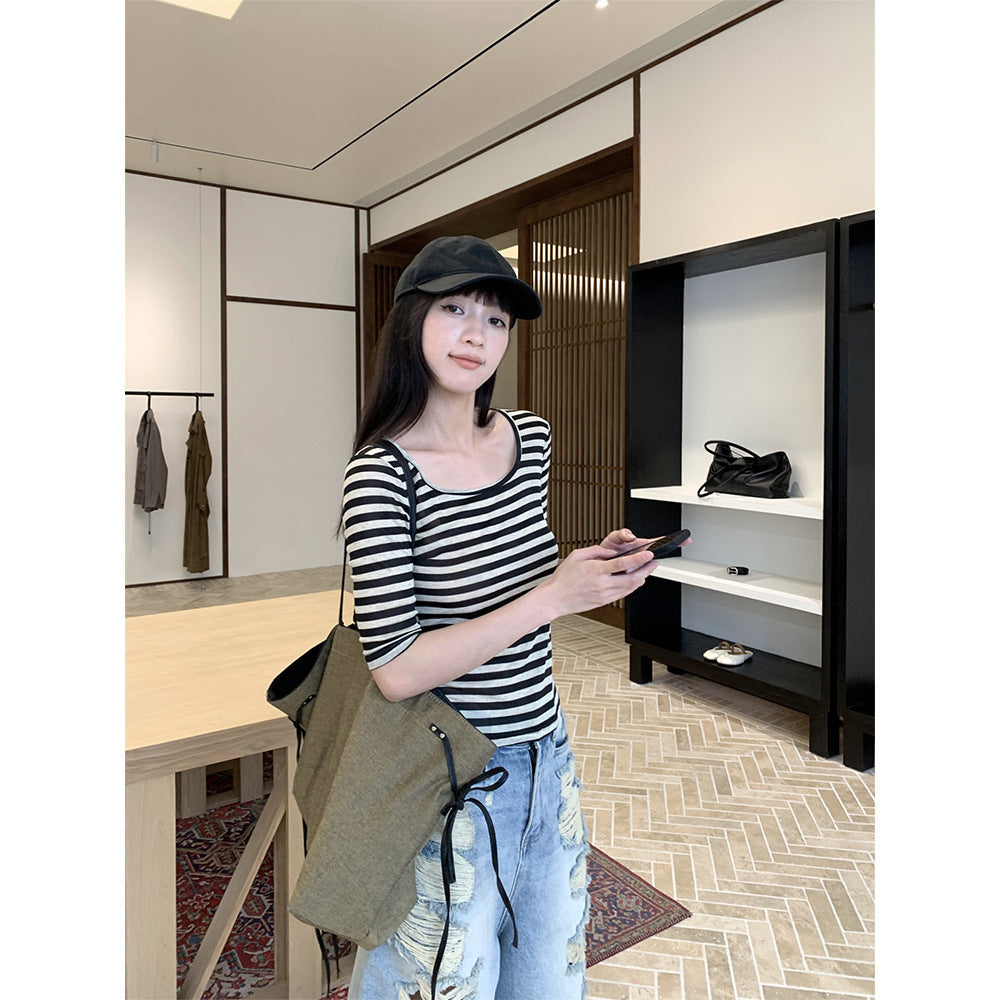Summer U-neck Striped T-shirt Women's Elastic Mid-sleeve Top