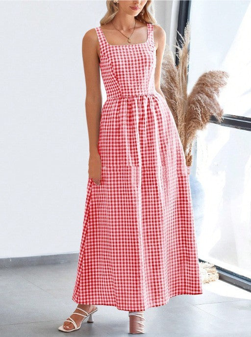 Patchwork Plaid Sling Elastic Large Swing Dress