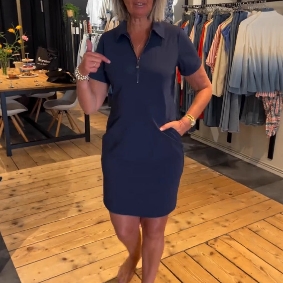 European And American Fashion Casual Lapel Short Sleeve Zipper Solid Color Dress