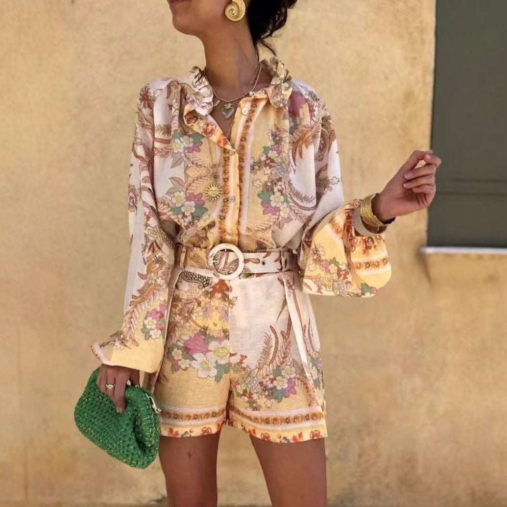 Stand-up Collar Puff Sleeve Single-placket Printed Shorts Suit