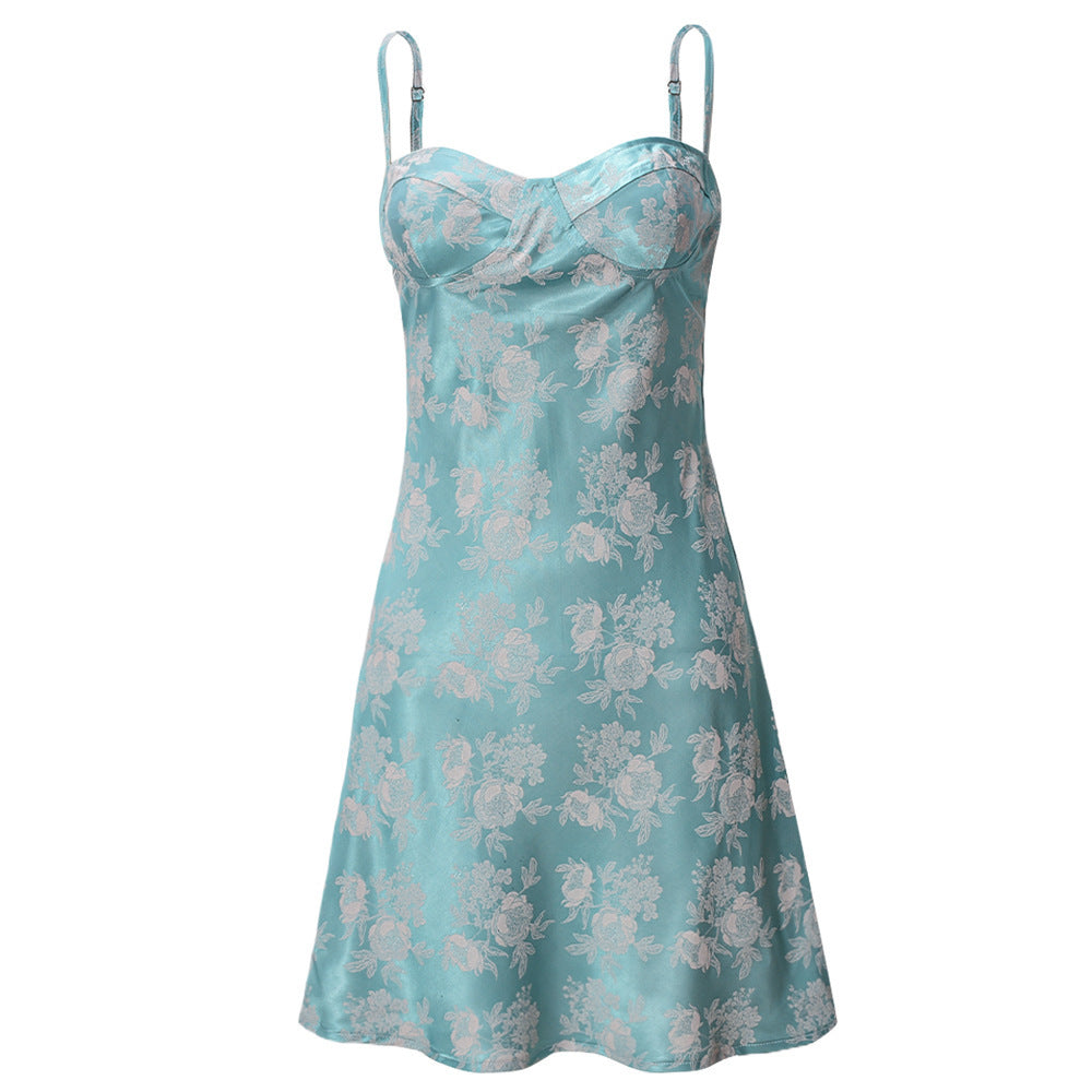 Dress Ice Silk Satin Flower Cutout Sling Zipper