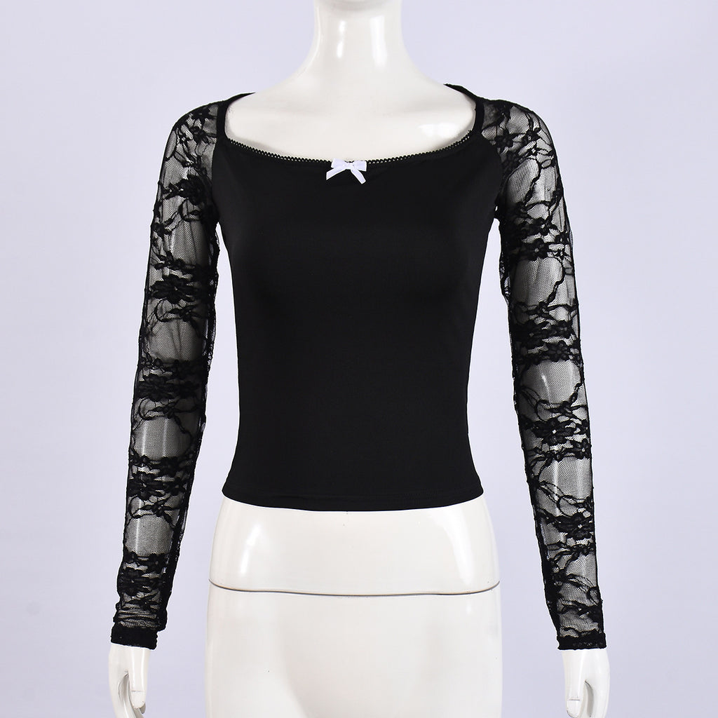 Trendy Lace Long Sleeves Cropped Slim Top