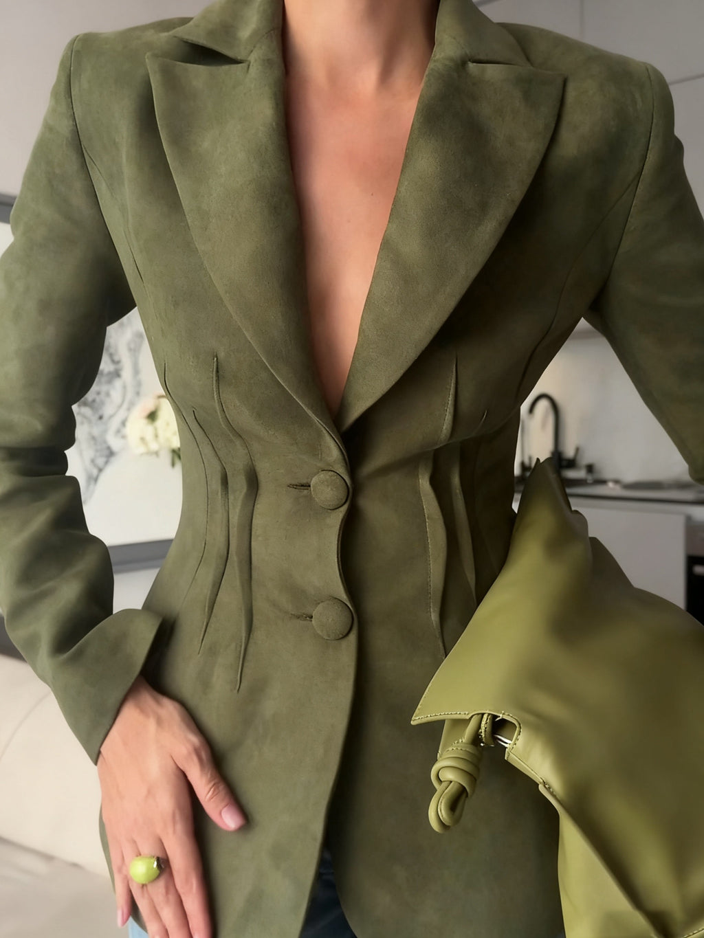 Olive Green Suede Blazer With Corset Detailing