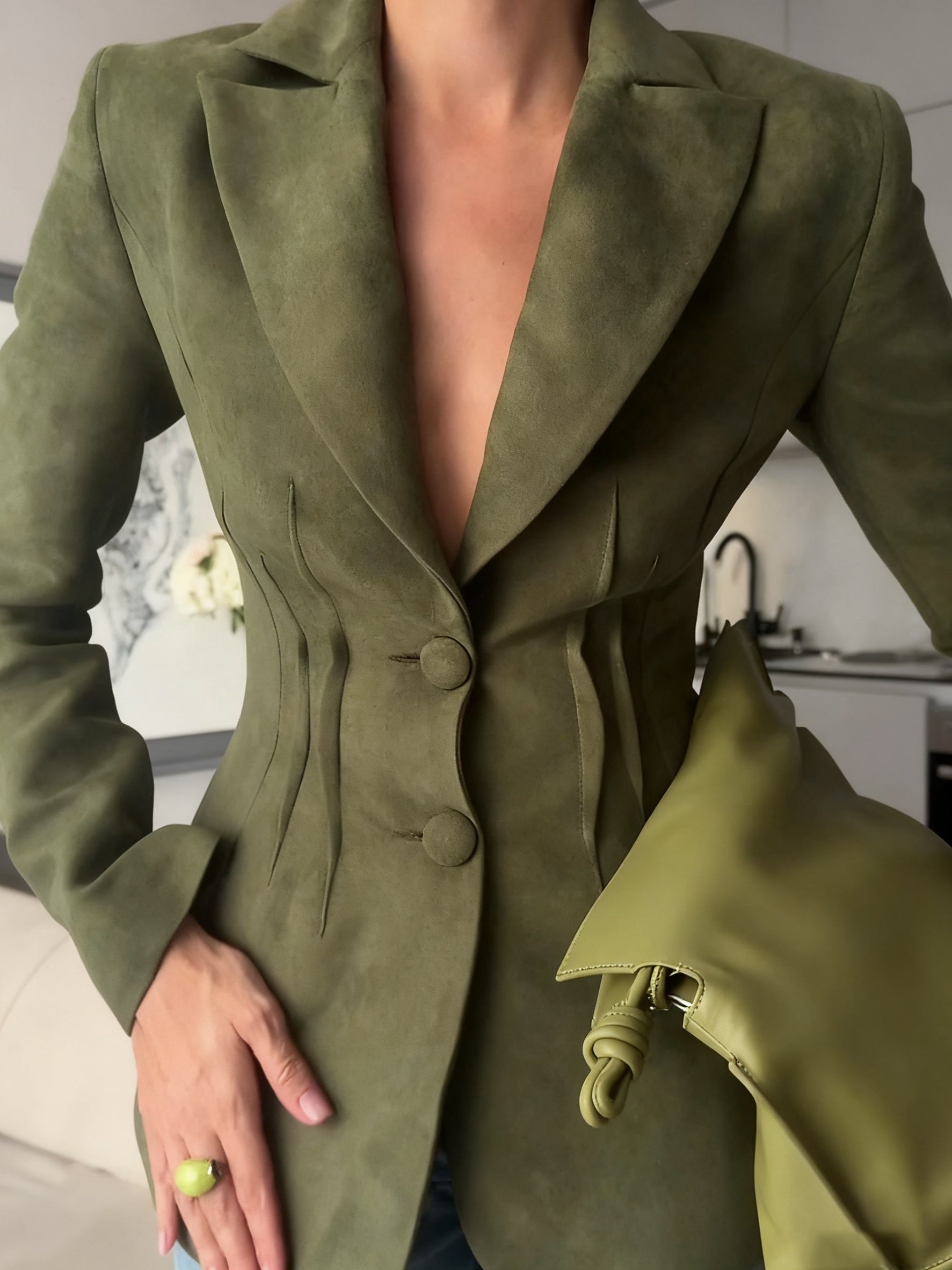Olive Green Suede Blazer With Corset Detailing