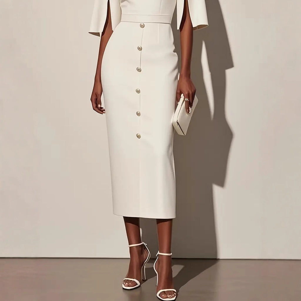 Summer Solid-Color Crew-Neck Defined-Waist Dress With Slit And Buttons