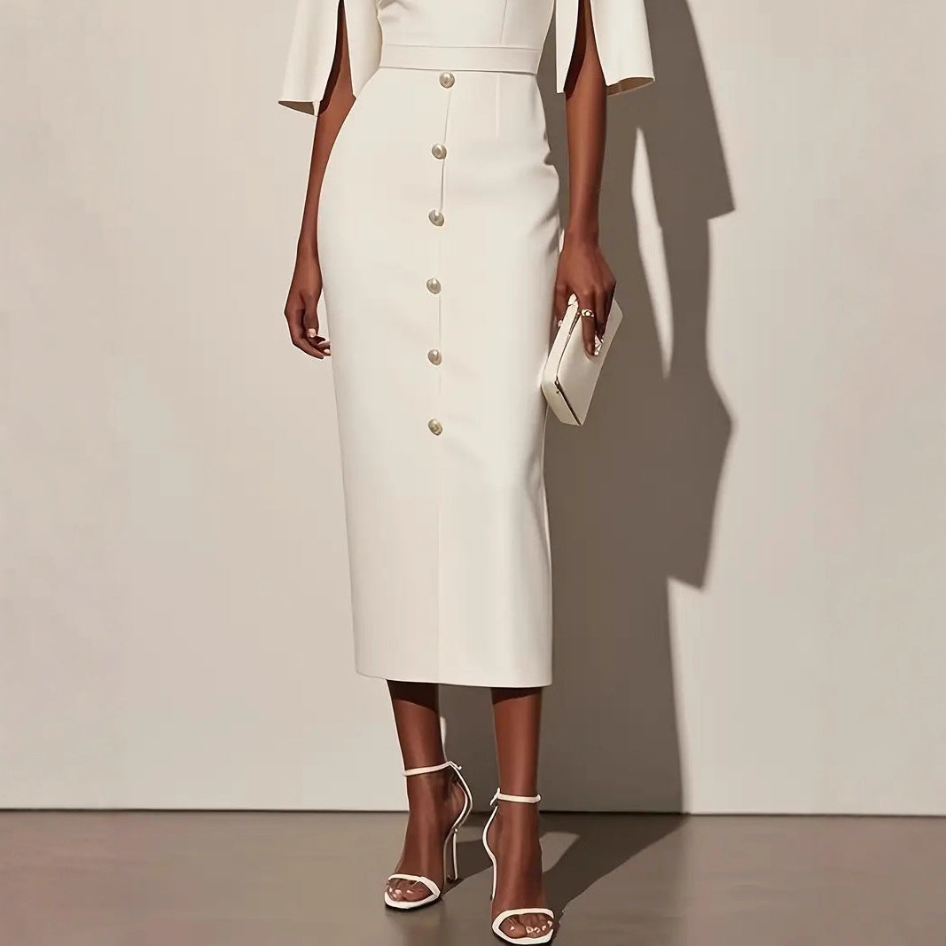 Summer Solid-Color Crew-Neck Defined-Waist Dress With Slit And Buttons