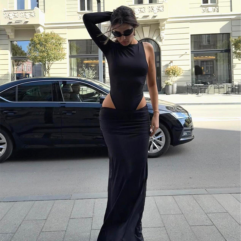 Versatile Cropped Long-Sleeve Slit Skirt Set For Women