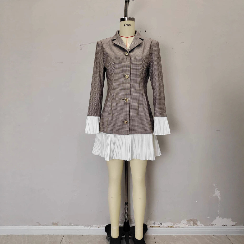 Waist-cinching Plaid Color-block Pleated Waist Design Elegant Dress