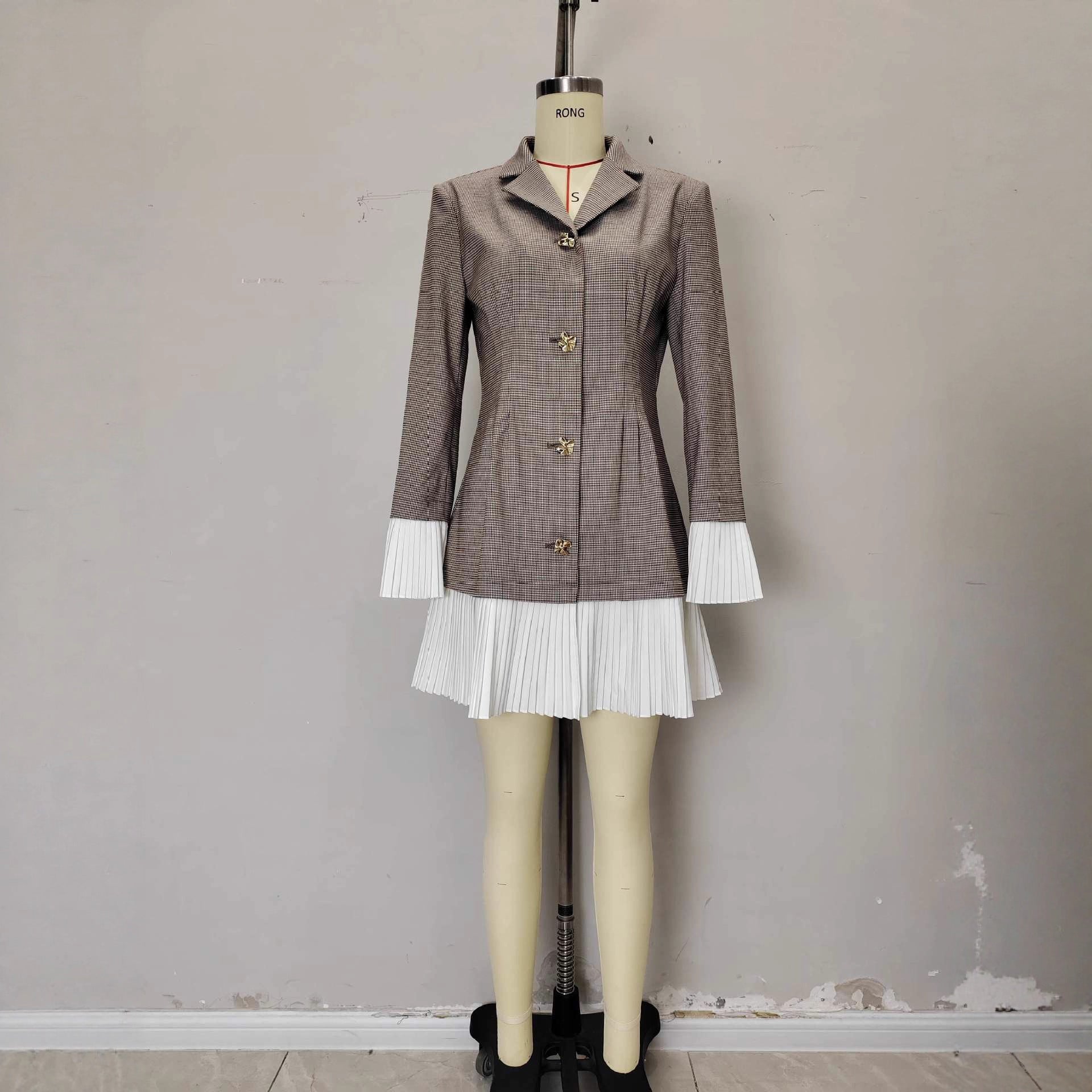 Waist-cinching Plaid Color-block Pleated Waist Design Elegant Dress