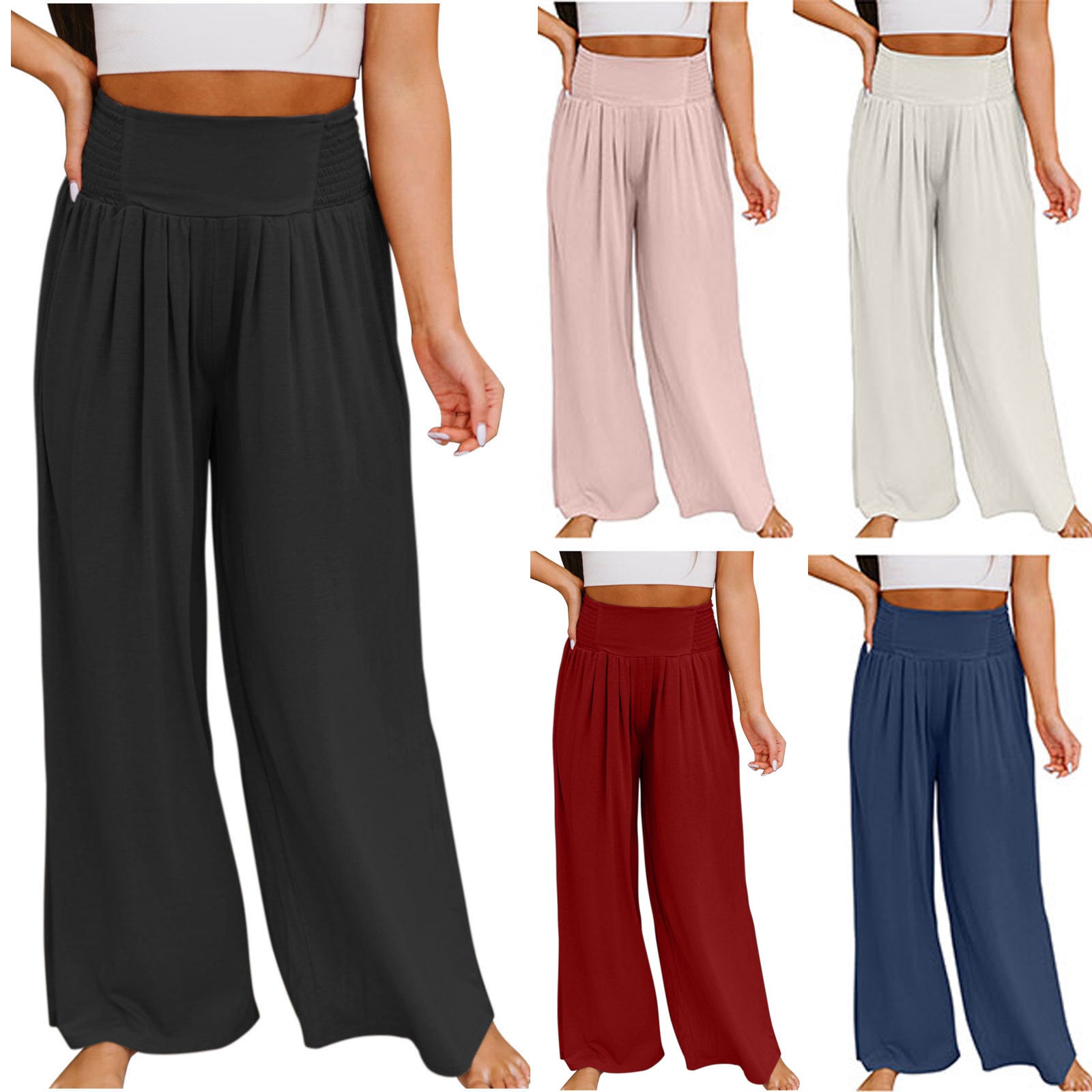 Women's Casual Cotton And Linen Smocking Distressed Mid-waist Trousers