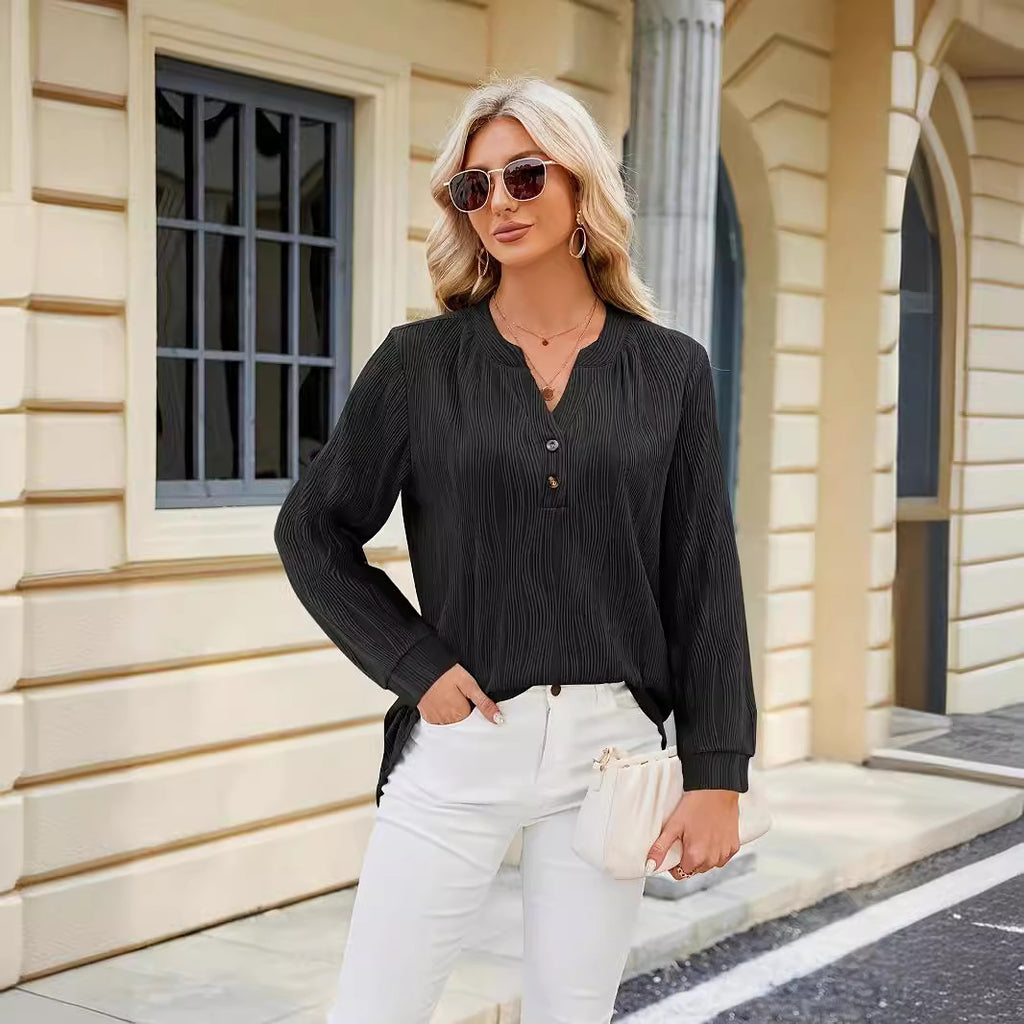 Solid Color And V-neck Button Casual Shirt Women's Top