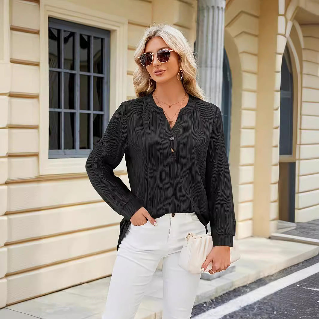 Solid Color And V-neck Button Casual Shirt Women's Top
