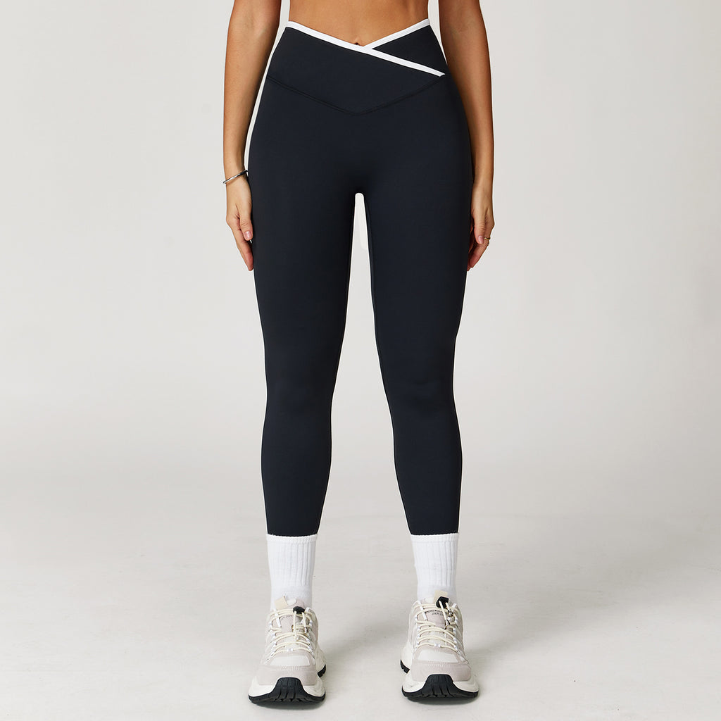 Nude Feel Skinny Yoga Pants Cross High Waist Contrast Color Women