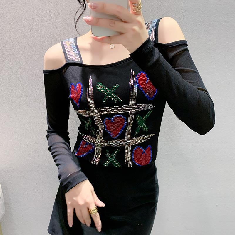 Women's Double-layer Ice Silk Net Yarn Long-sleeved Off-shoulder Blouse Top