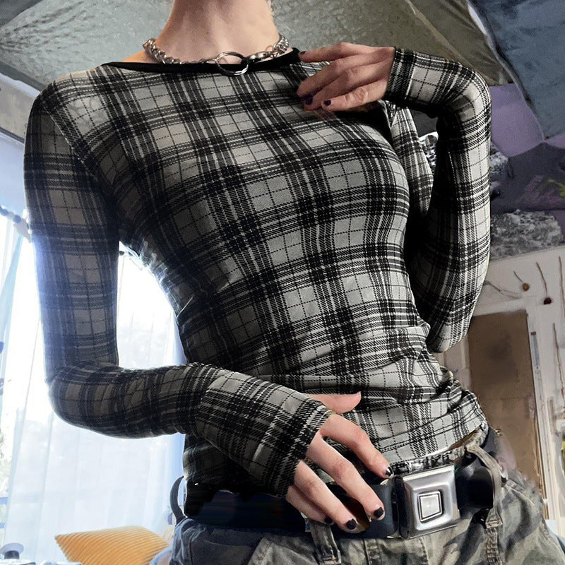Commuting Elegant Contrast Color Design Plaid Pullover Slightly Transparent Thumb Hole Mesh Top