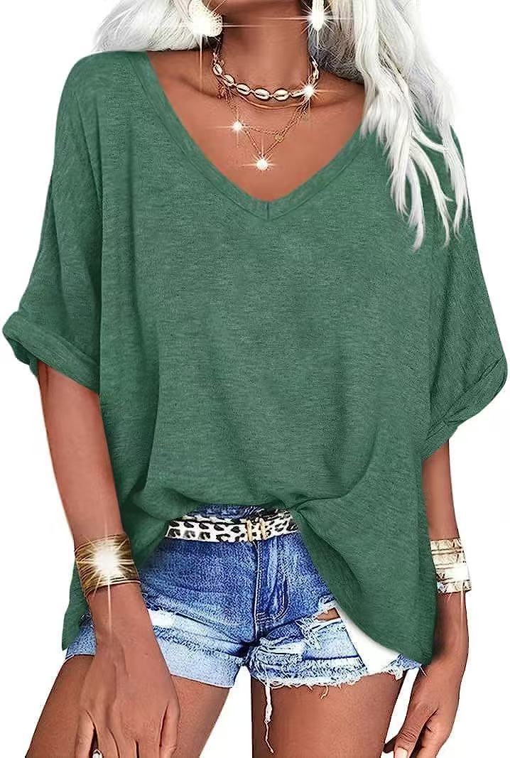 Women's Summer Loose T-shirt V-neck Curling Short Sleeve