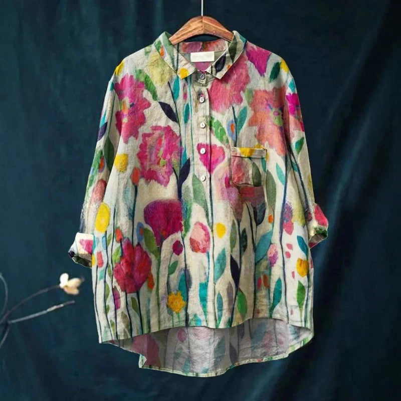 Loose Printed Crew Neck Casual Plus Size Women's Shirt