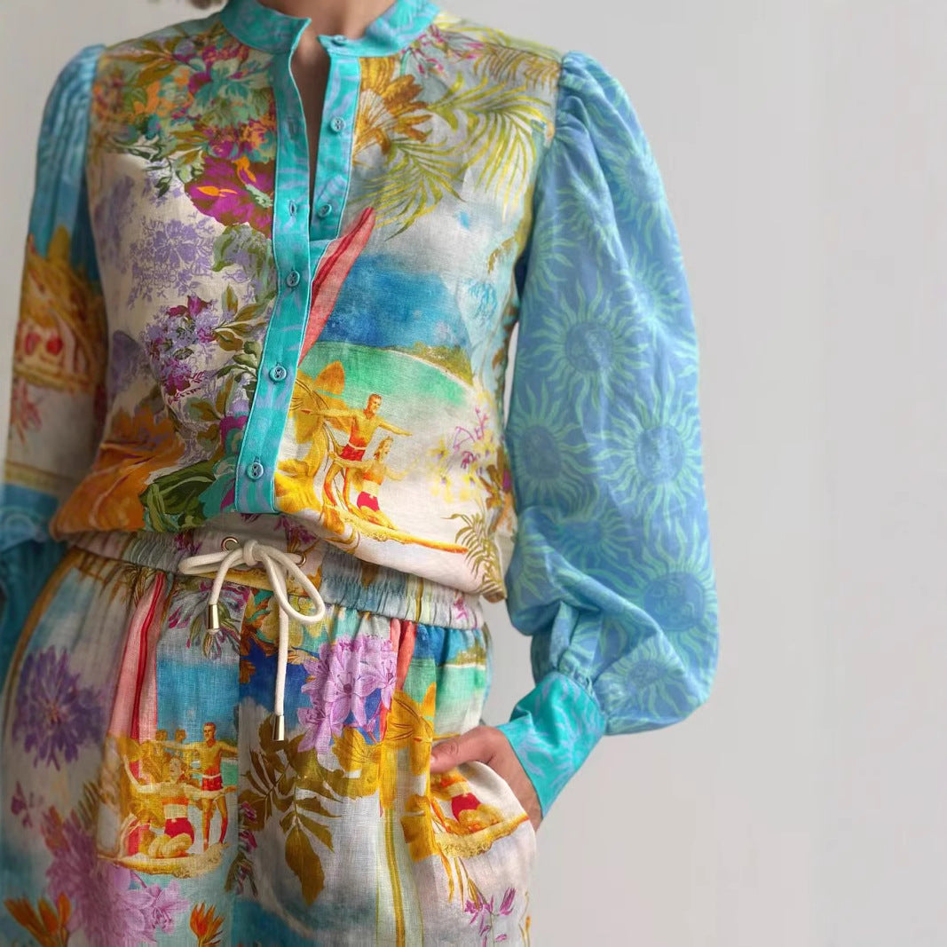 Casual Long Linen Sleeves Shirt Shorts Suit