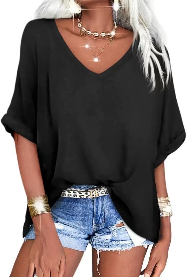 Women's Summer Loose T-shirt V-neck Curling Short Sleeve