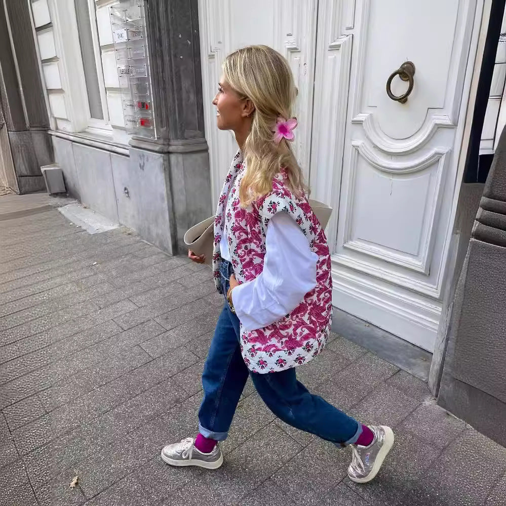 Women's Street Printing Quilted Cotton Stitching Vest Coat