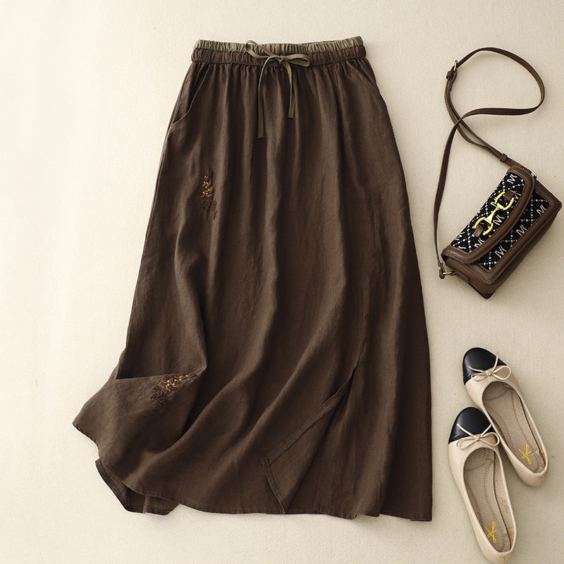Artistic Embroidered Patchwork Skirt Elastic Waist Color Matching A- Line Skirt