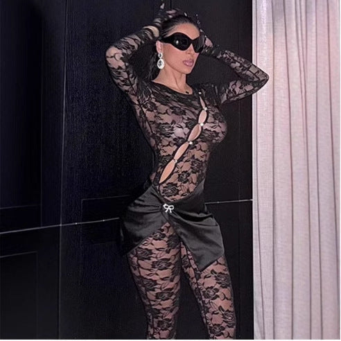 Sexy Cutout See-through Round Neck Long Sleeve Lace Tight Apron One-piece Suit