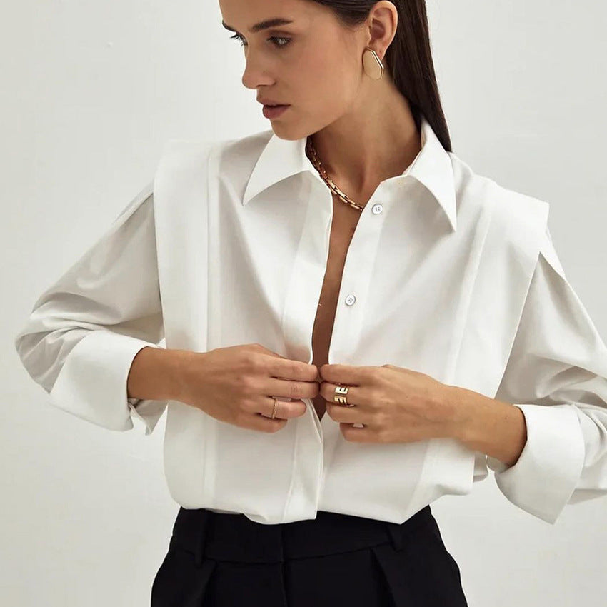 Niche European, American And French Style Commuter Right-angle Shoulder Slimming Shirt Women's Long Sleeve Stitching Sense