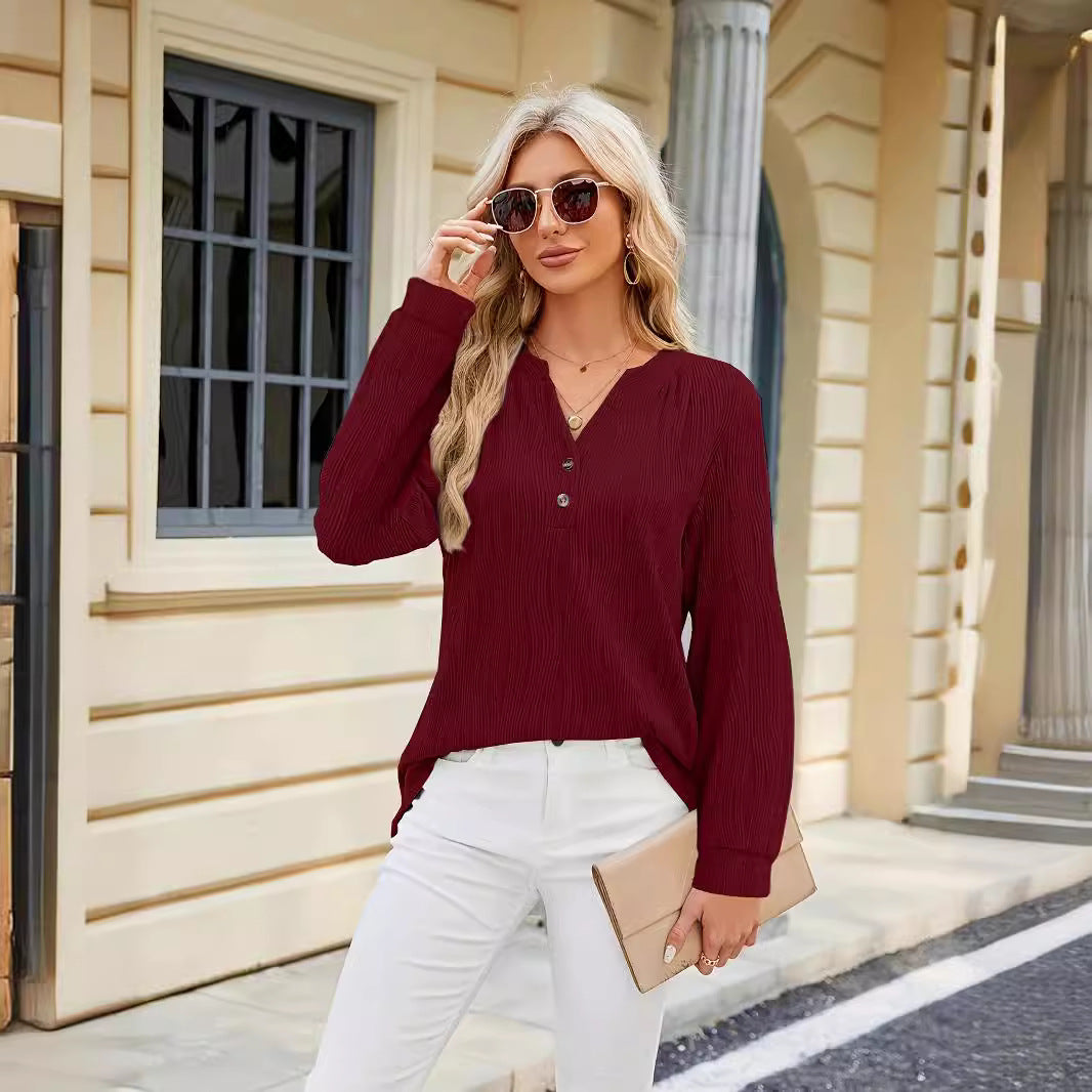 Solid Color And V-neck Button Casual Shirt Women's Top