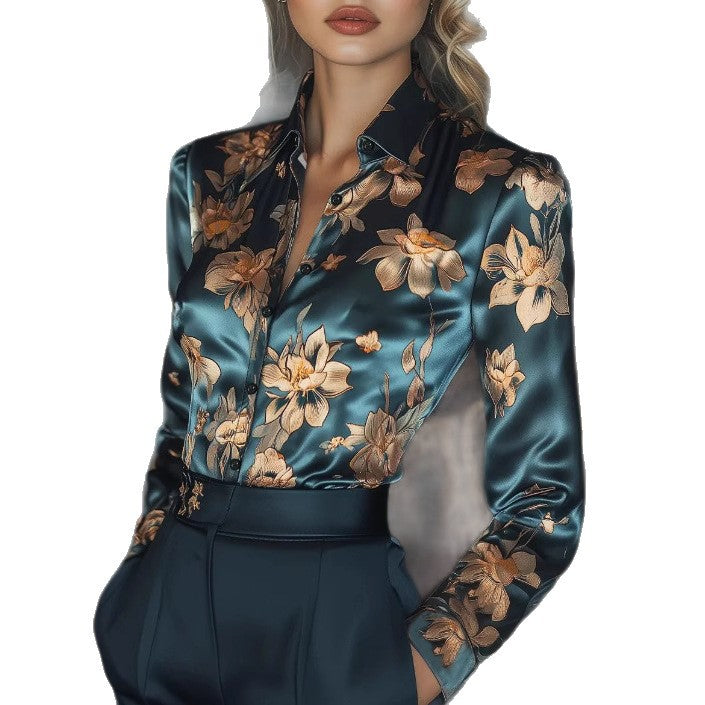 Spring And Summer Lapels Fashion Trollius Chinensis Printed Shirt