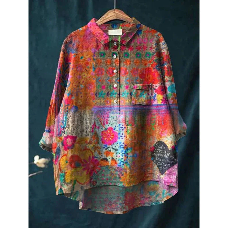 Loose Printed Crew Neck Casual Plus Size Women's Shirt