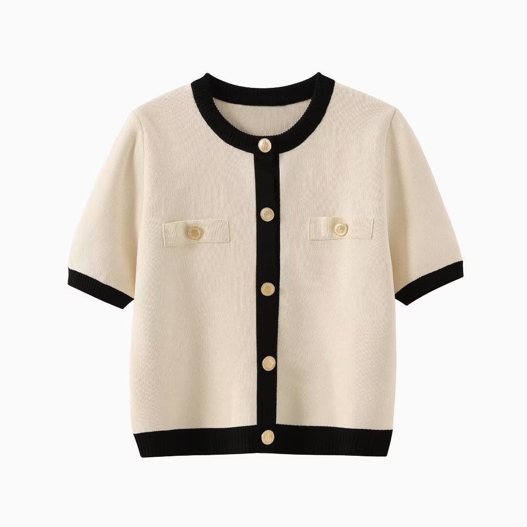 Fashion Color Contrast Round Neck Short Sleeve Knitted Cardigan