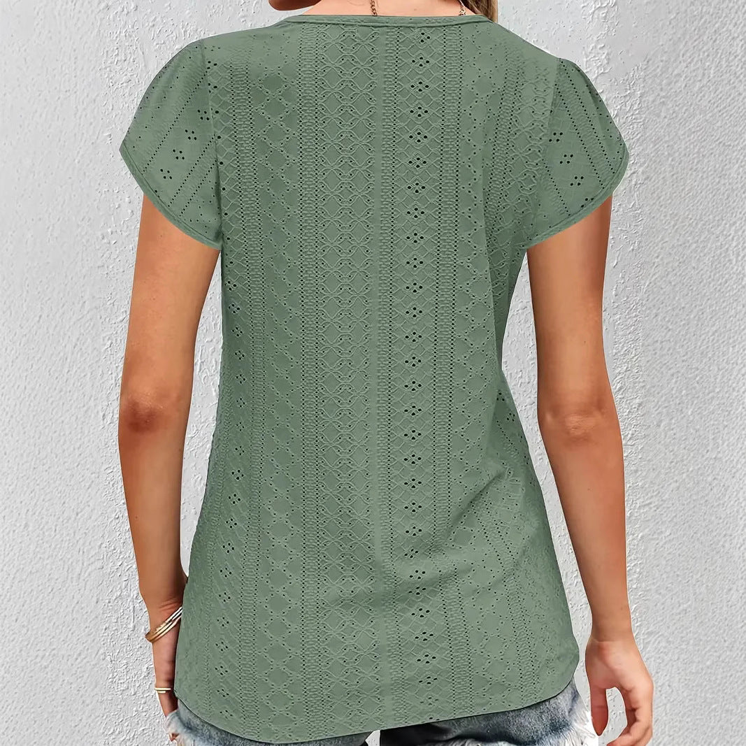 Women's Eyelet Lace Trim V-neck Shirt