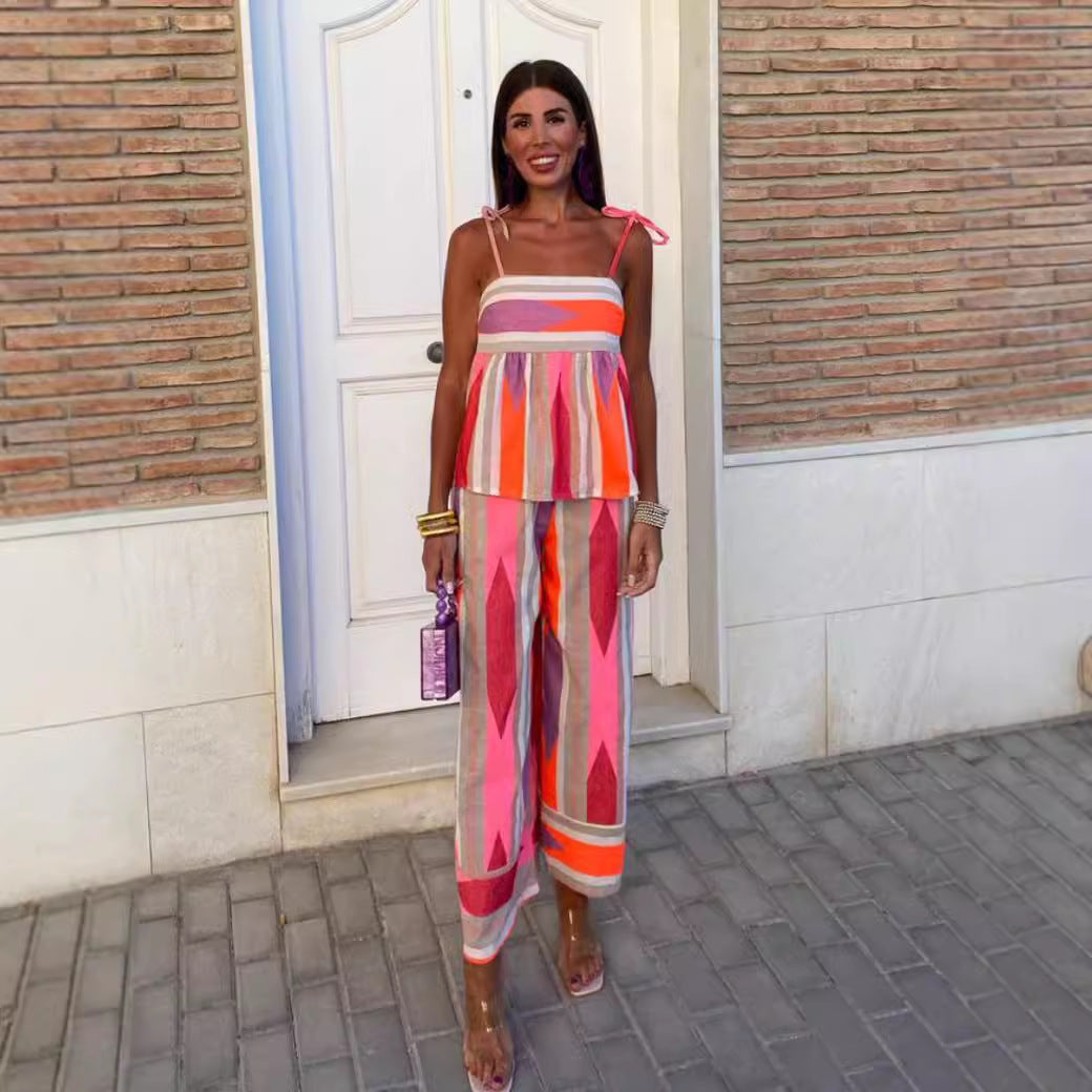 Color Matching Sling Top And Trousers Suit
