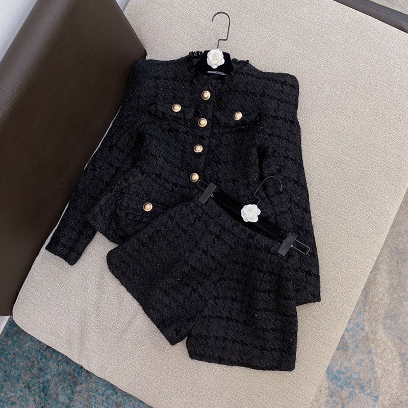 New Autumn And Winter Classic Style White Shiner Thick Flowery Jacket Jacket Shorts Suit