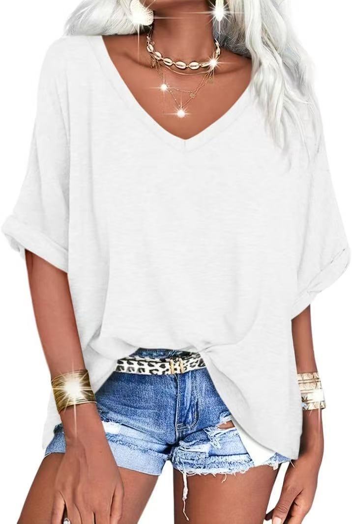 Women's Summer Loose T-shirt V-neck Curling Short Sleeve